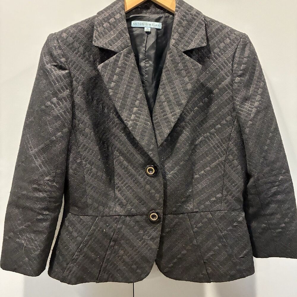 2 Button Black Metallic Brocade Peplum Blazer Structured Party Goth Academia 10